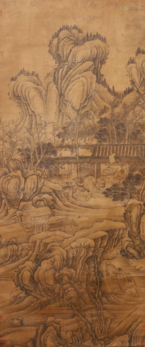 A CHINESE PAINTING OF FIGURES IN MOUNTAINS