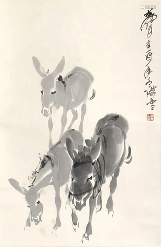 A CHINESE PAINTING OF DONKEYS