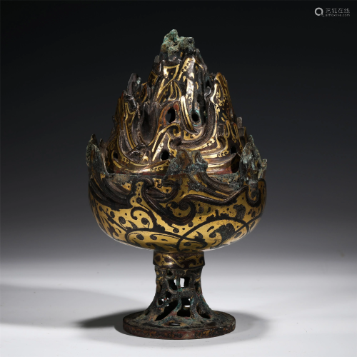 A CHINESE BRONZE INLAID GLOD&SILVER INCENSE CAGE