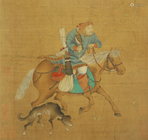 A CHINESE PAINTING OF MAN RIDING A HORSE