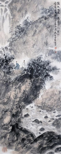 A CHINESE PAINTING OF FIGURES IN MOUNTAINS