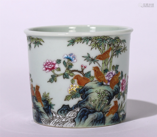 A CHINESE ENAMEL COLORED PORCELAIN BRUSH POT