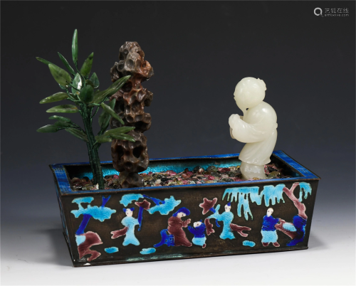 A CHINESE JADE FIGURE AND CLOISONNE BONSAI