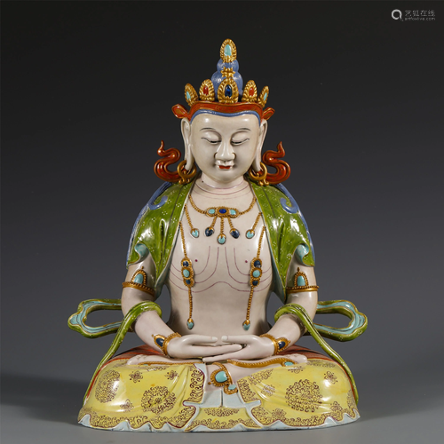 A CHINESE COLOUR ENAMEL PORCELAIN FIGURE OF GUANYIN