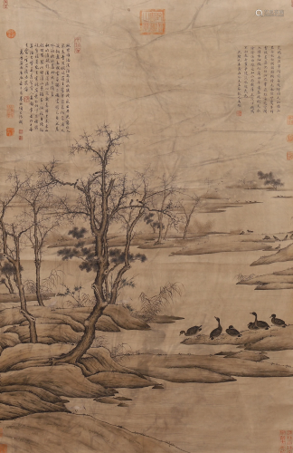 A CHINESE PAINTING OF BIRDS BESIDES THE RIVER