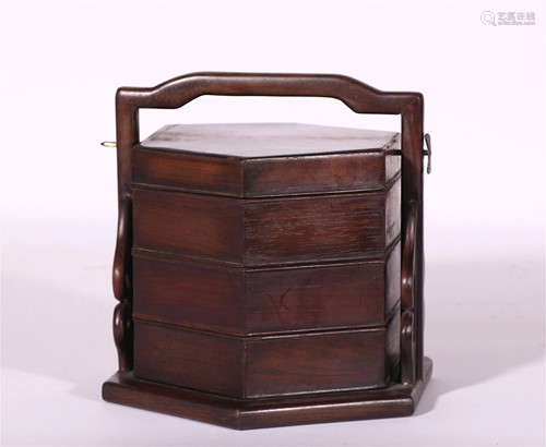 A CHINESE HARDWOOD HEXAGONAL HANGED BOX