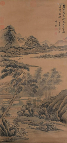 A CHINESE PAINTING OF MOUNTAINS AND RIVER