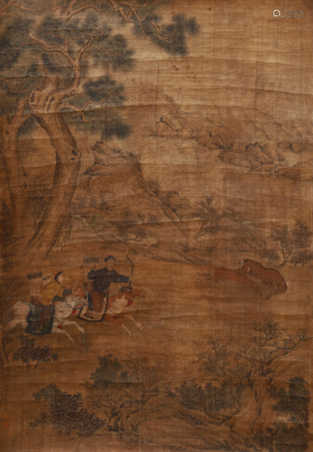 A CHINESE PAINTING OF HUNTTING IN THE MOUNTAIN