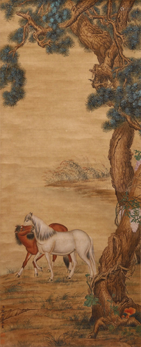 A CHINESE PAINTING OF TWO HORSES UNDER PINE TREE