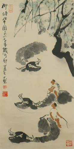 A CHINESE PAINTING OF BOYS AND CATTLES