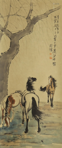 A CHINESE PAINTING OF THREE HORSES