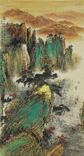 A CHINESE PAINTING OF COLORFUL MOUNTAINS