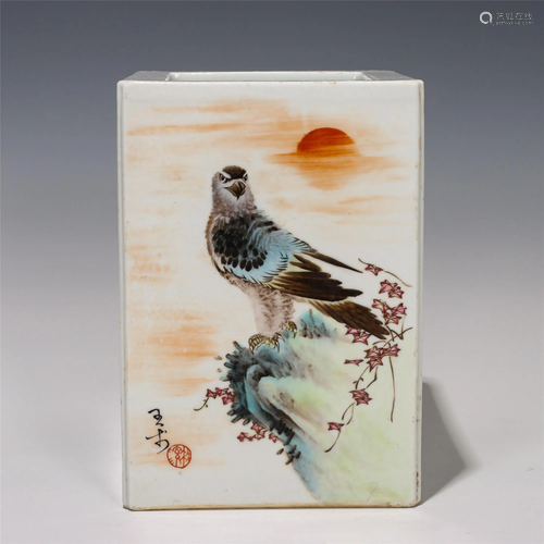 A CHINESE FAMILLE ROSE PORCELAIN SQUARE BRUSH POT