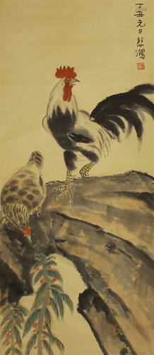 A CHINESE PAINTING OF COCK AND HEN