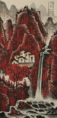 A CHINESE PAINTING OF RED MOUNTAINS