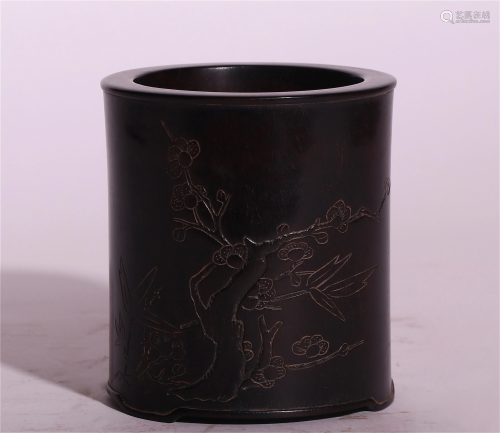 A CHINESE CARVED FLOWERS ZITAN BRUSH POT