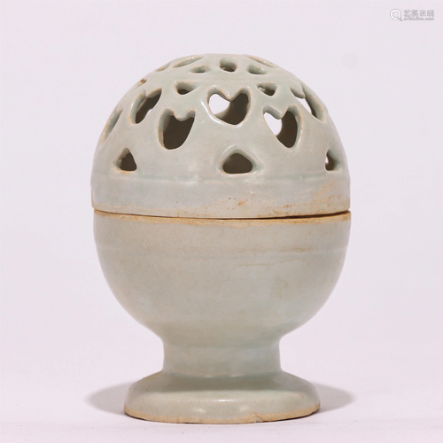 A CHINESE CELADON GLAZED PORCELAIN OPENWORK CENSER