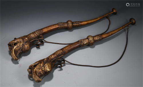 A PAIR OF CHINESE GILT BRONZE BUGLES