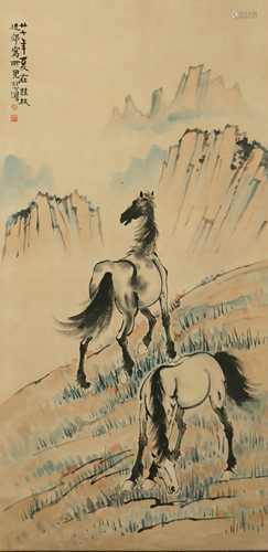 A CHINESE PAINTING OF TWO HORSES