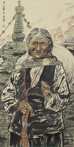 A CHINESE PAINTING OF OLD WOMAN