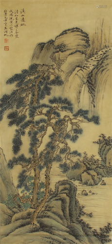 A CHINESE PAINTING OF PINE TREE IN THE MOUNTAINS