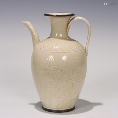 A CHINESE DING TYPE GLAZED PORCELAIN HANDLED EWER