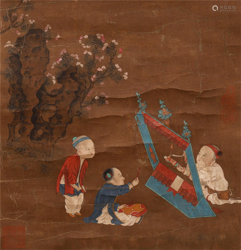 A CHINESE PAINTING OF CHILDREN PLAYING