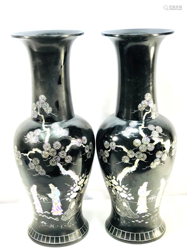 Pr Chinese Lacquered Vases w. Mother Pearl Inlaid