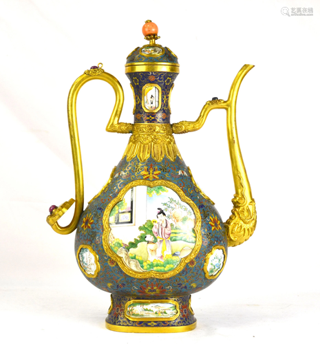 Chinese Cloisonne Ewer w Stone Inlaid