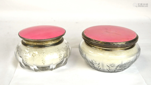 Two Enamel Cut Crystal Glass Make Up Bottles