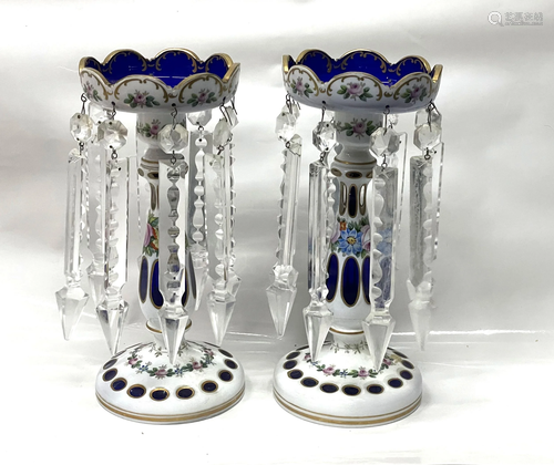 Pr Bohemian Painted Glass & Cut Crystal Lamps