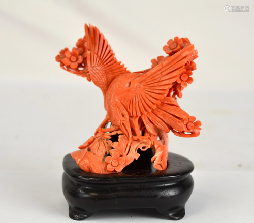 Chinese Carved Coral Bird on Wood Stand