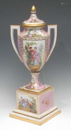 A large Dresden two-handled ovoid vase and cover painted wit...