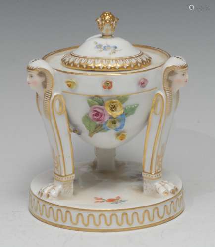 A Meissen tripod inkwell and cover, in the Empire taste, enc...