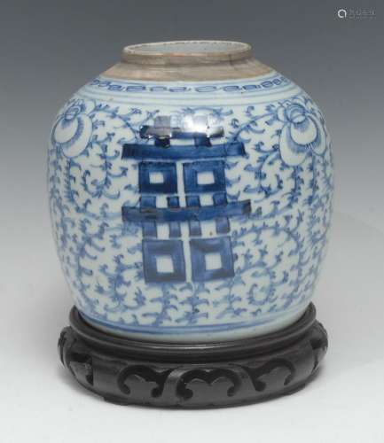 A Chinese ovoid ginger jar, painted in tones of underglaze b...