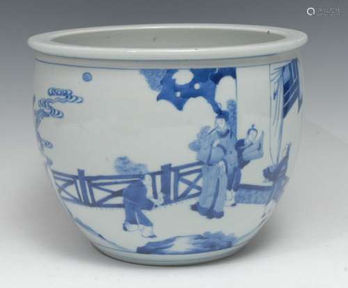 A Chinese ovoid jardiniere, painted in tones of underglaze b...