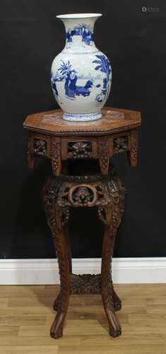 An unusual Chinese hardwood jardiniere stand, octagonal pago...
