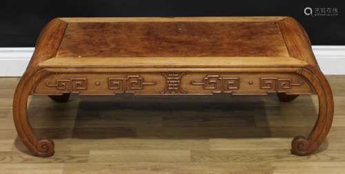 A Chinese huamu and hardwood low tea table, panel top, the s...