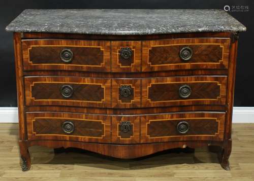 An Italian fruitwood and rosewood serpentine commode, bardig...