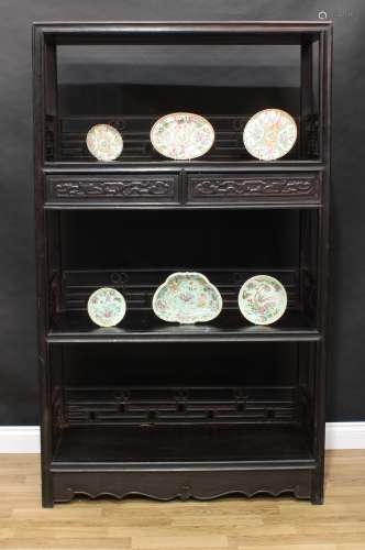 A Chinese hardwood open porcelain vitrine or display cabinet...
