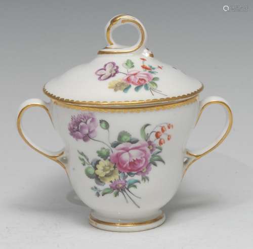 A Derby ogee shaped caudle cup and cover, painted by Edward ...