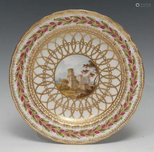 A Derby Chatsworth Service Named View shaped circular plate,...