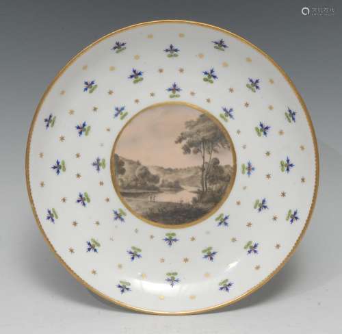 A Derby circular plate, circular panel with sepia landscape ...