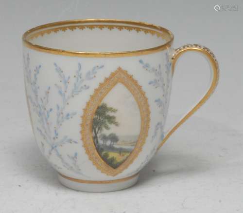 A Derby coffee cup, painted with three navette shaped panels...