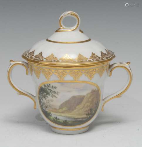 A Derby Named View caudle cup and cover, painted by Zacharia...