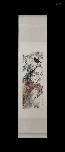 Jiang Handing Inscription, Vertical-Hanging Flowers and Bird...