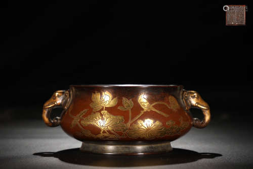 Ming Dynasty, Carved Lotus Pond Pattern Gilded Bronze Burner