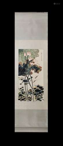 Jiang Handing Inscription, Vertical-Hanging Lotus Pond Paint...