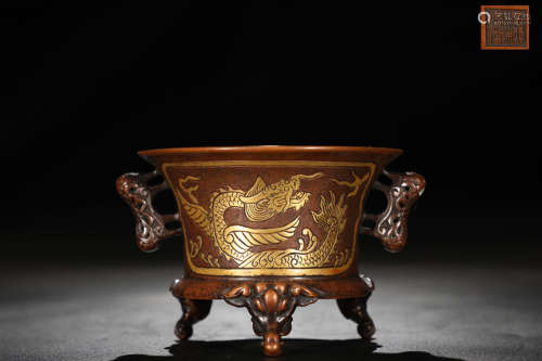 Ming Dynasty, Carved Gilded Gragon Pattern Bronze Burner