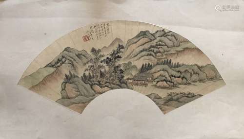 Qian She Inscription, Landscape Painting On Fan